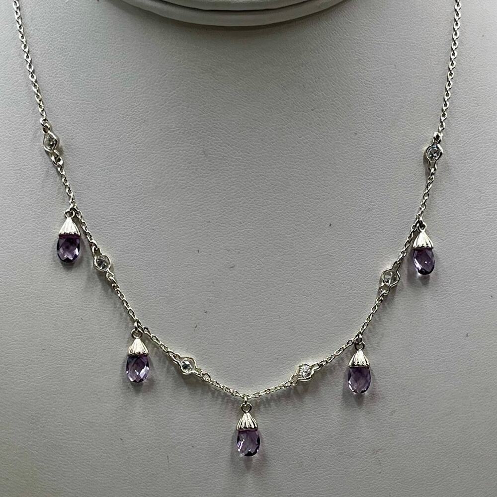 Signed L J‎ Sterling Silver Amethyst Briolette Drop Necklace February Birthstone